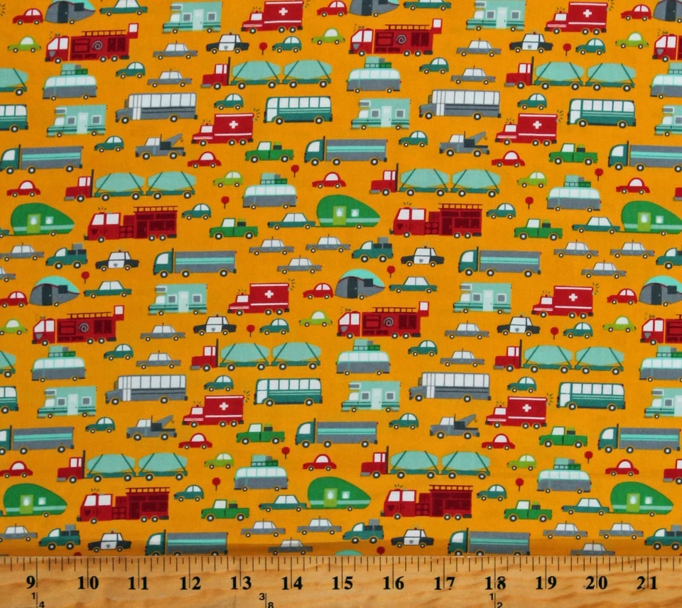 Cotton Vehicles Cars Trucks Driving Traffic Yellow Fabric Print by Yard D656.09 - Image 1 of 1