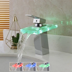 Chrome LED Bathroom Basin Sink Mixer Faucet Waterfall Glass Spout Brass Taps - Picture 1 of 8