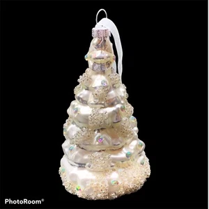Silver Christmas Tree Shaped Glass Ornament Beaded Glitter In Silver Gift Box - Picture 1 of 12