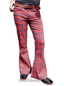 FLARES Tartan rosso uomo fondo a campana hippie vintage pantaloni indie anni 60 70 glam  - Foto 1 di 3