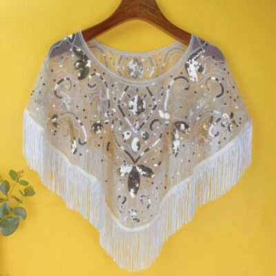 Mantón de boda nupcial lentejuelas borla capa superior encaje malla brillo bolero encogerse de hombros capa Foto 1 de 4