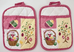 Lot of 2 Easter Potholders Mitt Eggs Basket Tree Cotton Pink Yellow Franco NEW - Picture 1 of 3