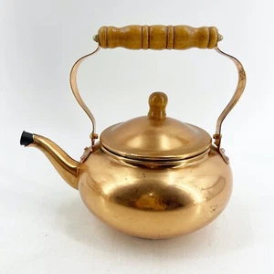 Vintage Copper Clad Tea Kettle Teapot Stained Turned Wood Handles MCM - Picture 1 of 10