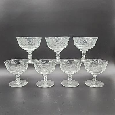 Rock Sharpe Low Sherbet Blown Glass Cut Floral Design on Bowl Lot Of 7 - Image 1 of 4