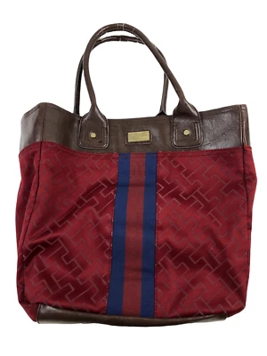 Tommy Hilfiger American Classics Burgundy Navy Striped Canvas Purse Tote - Image 1 of 4