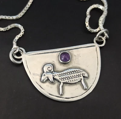 Vintage Artisan Ram Necklace Silver 925 Natural Amethyst Modernist Zodiac Bold - Image 1 of 4