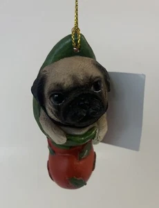 Teacup PUG Puppy Dog In Red Holly Sock Christmas Tree Small Hanging Ornament - Picture 1 of 6