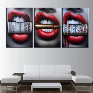 Red Lips with Money and Bullets Canvas Prints Painting Wall Art Home Decor 3PCS - Picture 1 of 4