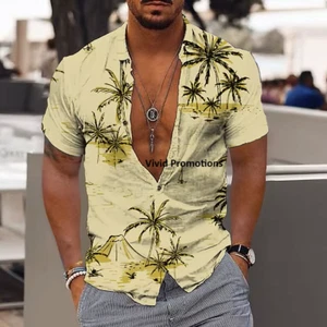 Coconut Tree Printed Aloha Shirt Short Sleeve Button-Down Fashion Beach Wear - Picture 1 of 7