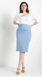 ELOQUII Neopren Bleistiftrock aqublue Reißverschluss Schlitz Stretch, hochtailliert Gr. 16 neu mit Etikett - Bild 1 von 16