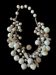 Vintage Cluster Pearl Choker Bead Gold Tone Bib Link Necklace Bride Signed Stamp - Picture 1 of 21