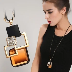 Lady Fashion Squares Rhinestone Long Double Chains Smart Opera Necklace Gift - Picture 1 of 26