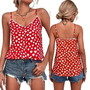 Red Heart Print Lace Trim Cami Tank Top Button Front Spaghetti Strap - Picture 1 of 9