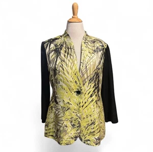 Ming Wang Blazer Jacke L gelb schwarz Palmenmuster 3/4 Arm Stretch Strick Karriere - Bild 1 von 7