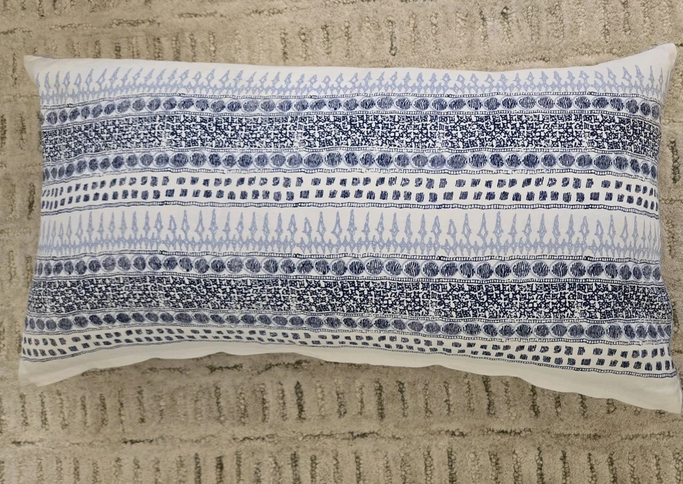 John Robshaw Blue White Primrose Indigo Bolster Accent Couch Décor Pillow 17x32" - Image 1 of 4