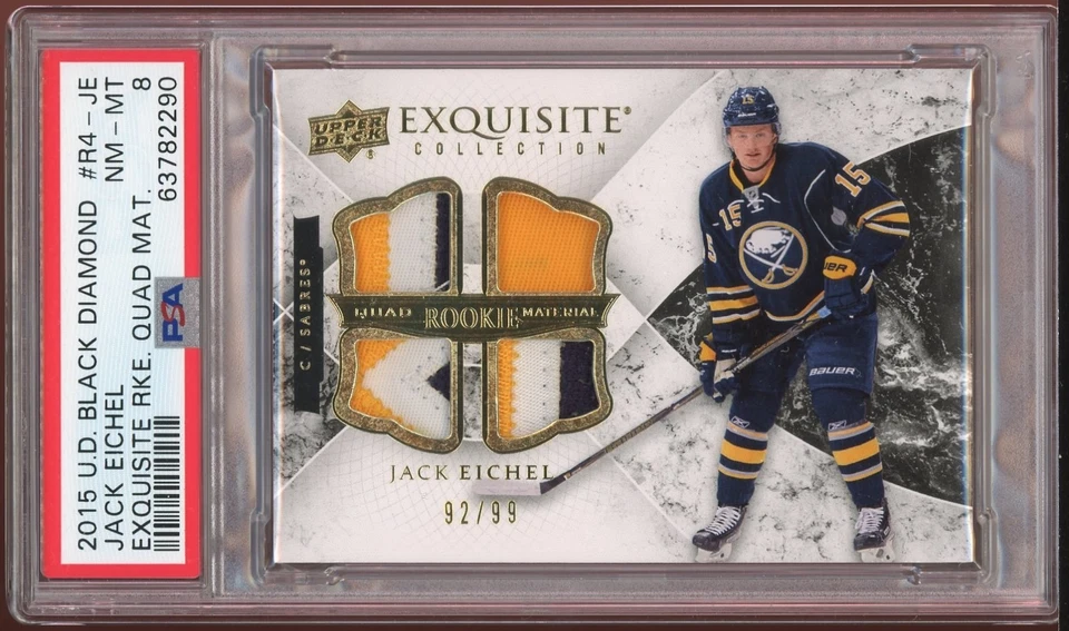 2015-16 Jack Eichel Exquisite Collection Rookie Quad Material RC Patch /99 PSA 8 - Image 1 of 1