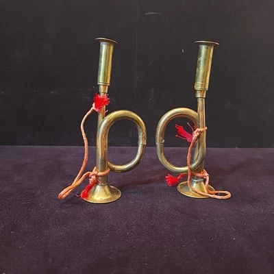 Vintage Brass Horn Set of 2 Decorative Red Cord 6" Tall Display Ornament - Image 1 of 4