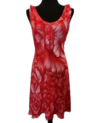 Y2K 100% Silk Babydoll Midi Dress Red Ruffle Embroidered Wedding Guest Summer 6 - Image 1 of 4