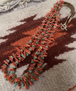 Ethnic rustic multi-strands rustic turquoise/coral necklace23"/(w322-w2) - Picture 1 of 2