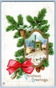 1907-10's CHRISTMAS GREETINGS WINDMILL PINECONES RED BOW ANTIQUE POSTCARD - Picture 1 of 2