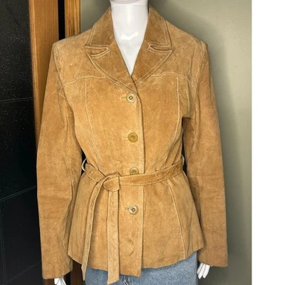 Jaqueta de couro Wilson's Leather Maxima vintage camurça com cinto caramelo bronzeado média - Imagem 1 de 4