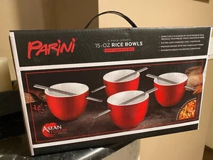 Parini Set of 4 Red 15oz Ceramic Rice Noodle Bowls w/ Stainless Steel Chopsticks - Picture 1 of 5