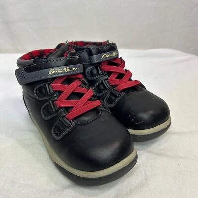 EDDIE BAUER  "KLAMATH" Baby Black Sz 8M, Faux Leather Boots Red Buffalo Plaid - Image 1 of 4