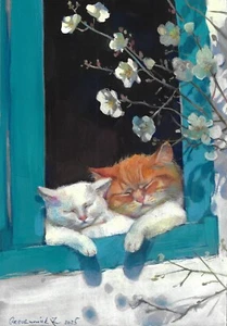 original drawing A4 60GZ artwork pastel modern sleeping cats - Picture 1 of 2
