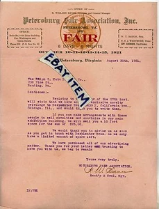 1921 LETTER Petersburg Virginia FAIR ASSOCIATION Eanes Baugh Eigenbrun Whitmore - Picture 1 of 1