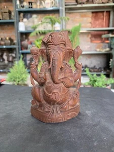 1800's Indian Antique Handcrafted Wooden Lord Ganesha Sitting Statue Figurine 5" - Picture 1 of 11