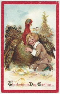 1911 Erntedank-Gruß-Postkarte, blonder Junge umarmt Türkei von Frances Brundage - Bild 1 von 2
