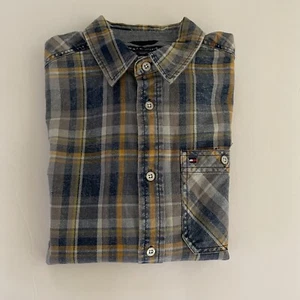 TOMMY HILFIGER Boys Plaid Flannel Shirt NEW Chambray L/S 16/18 Blue Yellow LOGO - Picture 1 of 12