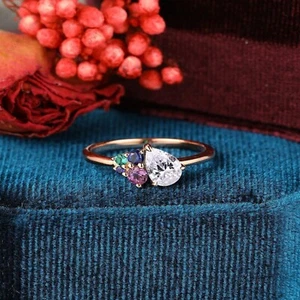 Pear Cut Moissanite & Multi Stone Ring , 925 Sterling Silver Rose Gold Plated - Picture 1 of 4