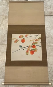 Vintage Japanese Hanging Scroll "Bird & Persimmons "Watercolor Painting on Silk - Picture 1 of 10