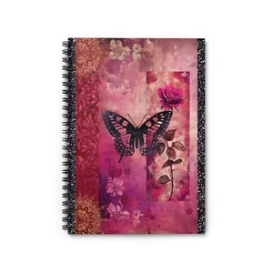 Spiral Notebook hot pink grunge floral rose ruled line journal faux glitter,  - Picture 1 of 5