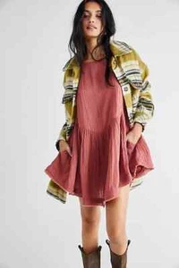 Free People Edie Mini Dress Sumac Pocket Long Sleeve Backless Smocked L NWT - Picture 1 of 9