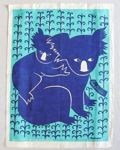 Vintage Rodriquez Teal Indigo Blue Koala Australian Souvenir Linen Tea Towel 30” - Picture 1 of 3
