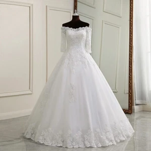 Boat Neck Lace Wedding Dresses Half Sleeve Applique Backless Corset Bridal Gowns - Picture 1 of 7