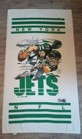 Vintage 1988 NEW YORK JETS Beach Towel 30" x 60" NFL Jack Davis Art Cover