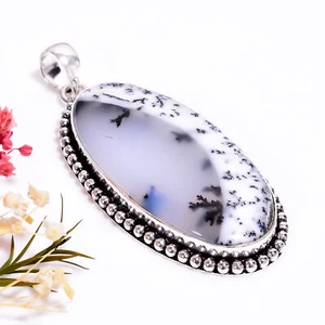 Dendrite Opale Gemma Vintage Handmade 925 Ciondolo Placcato Argento 2.5 " rj8960 - Foto 1 di 6
