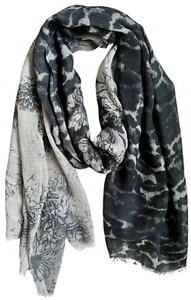 "Bufanda Larga Eva & Claudi Gris Leopardo/Diseño Floral Mezcla Cachemira - Talla 74""X 27""" - Imagen 1 de 12