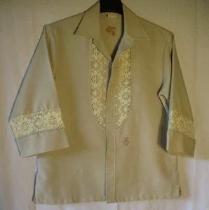 IOLANI Vintage Beau Tiki Hawaiian Wedding Shirt Lace 3/4 Sleeve Tan Men's L - Picture 1 of 10