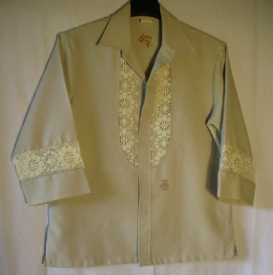 IOLANI 复古 Beau Tiki 夏威夷婚礼衬衫蕾丝 3/4 袖棕褐色男式 L — 第 1/4 张图片