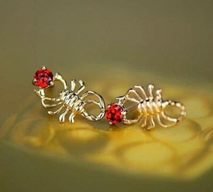 14k Solid Yellow Gold Scorpion Screw Back Earrings with Sparkling Cubic Zirconia - Picture 1 of 13