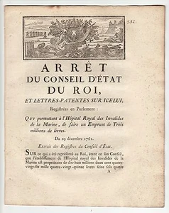 1761, dec.19. French Royal act Concerning Hospital of the Invalides of the Navy - Imagen 1 de 12
