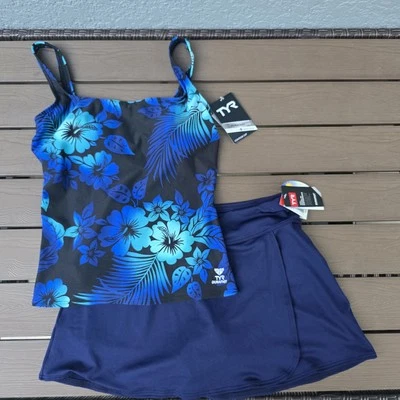 TYR Tanque Floral Azul Havaiano com Calção de Natação Della Marinha Profunda Tamanho 8 Novo - Imagem 1 de 4