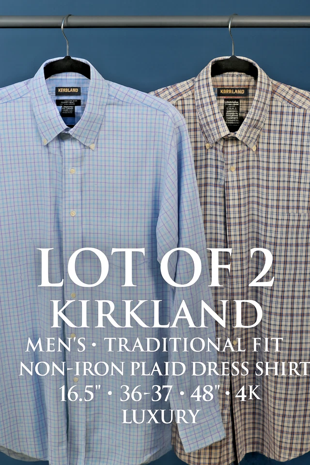 Lot 2 Kirkland Men’s Traditional Fit Non‑Iron Plaid Dress Shirts 16.5 36‑37 48" - Image 1 of 4