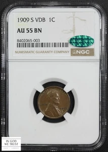 1909 S VDB Lincoln Wheat Copper Cent 1C NGC AU 55 BN CAC - Picture 1 of 5