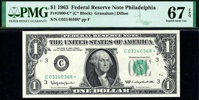 1963* 1900-C* $1 Philadelphia STAR Federal Reserve Note • PMG 67 EPQ - Image 1 of 2