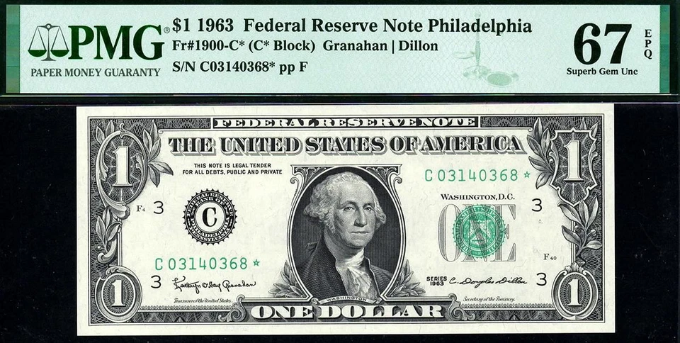 1963* 1900-C* $1 Philadelphia STAR Federal Reserve Note • PMG 67 EPQ - Image 1 of 2